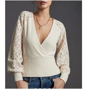 Anthropologie Ivory Lace Sleeve Wrap Blouse